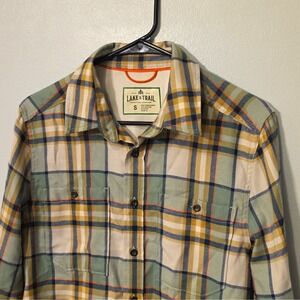 Lake & Trail Men's Plaid Twill LS Button-Up Pockets S Green/Beige/Blue #209
